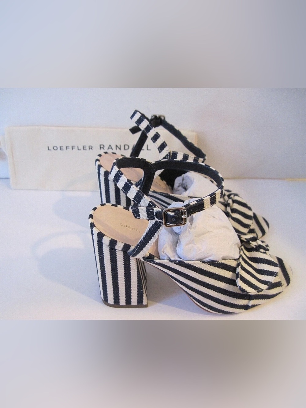 Loeffler Randall Navy Stripe Canvas Knot Bow Block Heel Ankle Strap Sandal 6.5